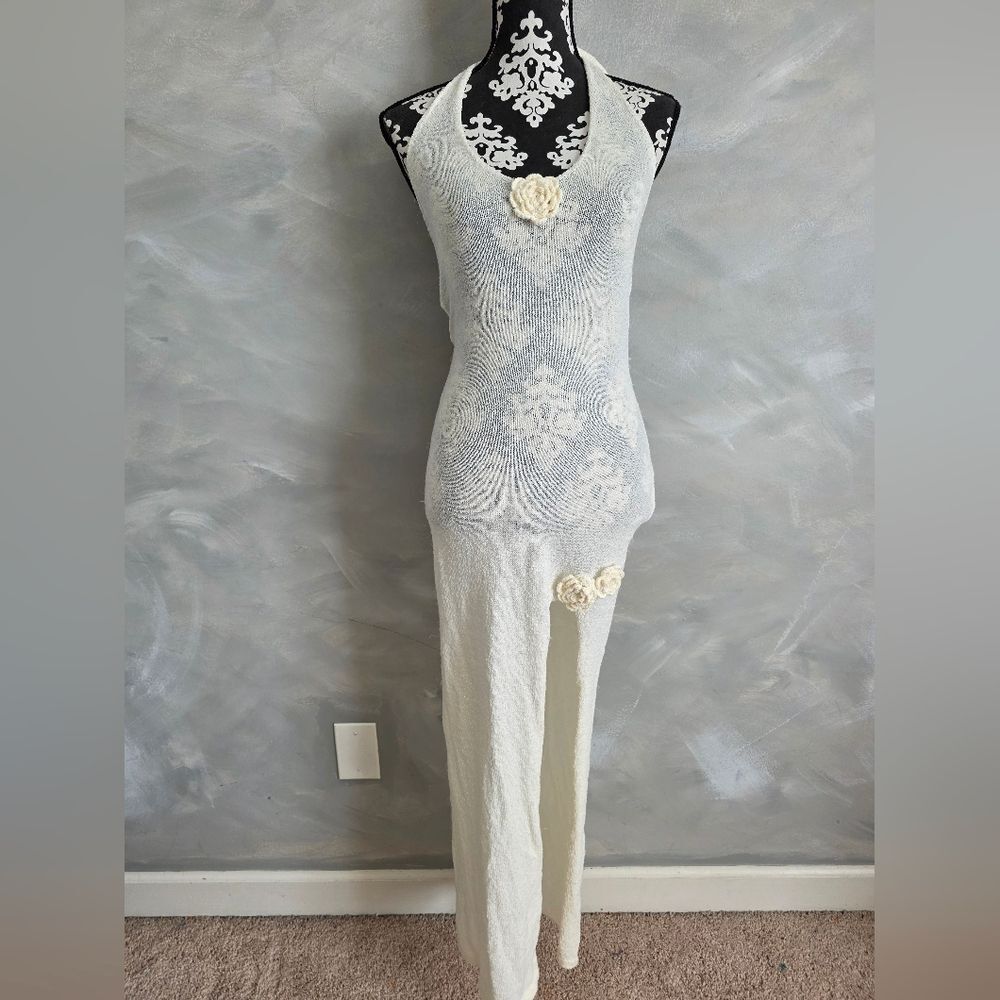 3D FLOWER BACKLESS HALTER TIED THIGH SPLIT BEACH COVER UP KNIT MAXI DRESS